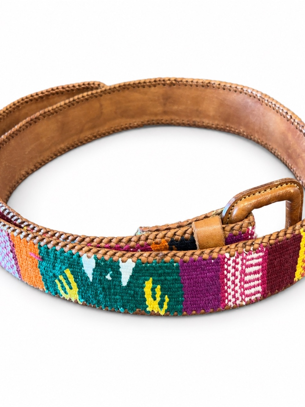 Boho Woven Leather Belt Multicolor Southwestern 32.5–37.5 Inch